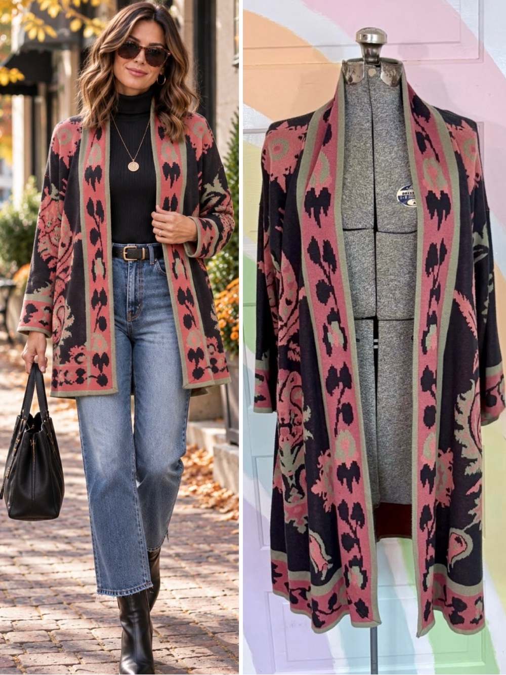 💥Soft Surroundings Longline Paisley Jacquard Knit Cardigan Frog Closure M💚